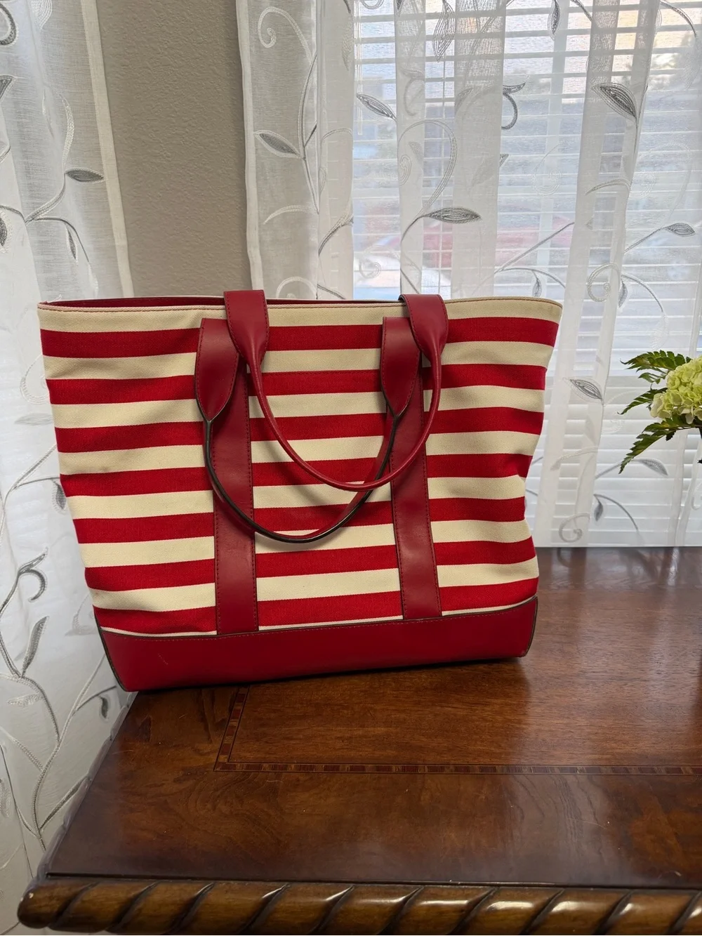 Michael Kors Red and Cream Striped Canvas Tote with Gold MK Emblem